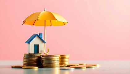 A model home featuring an umbrella over a group of coins, depicting the protective role of insurance in financial planning