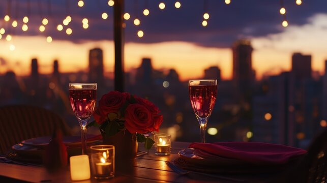 A beautifully set dinner table awaits two, adorned with roses, candles, and sparkling drinks as a vibrant city skyline glows under the evening sky on Valentine's Day