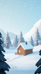 Naklejka premium A charming wooden cabin stands amidst a snowy landscape, surrounded by tall pine trees. Soft snowfall creates a serene atmosphere, perfect for winter escape.