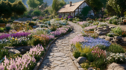Fototapeta premium Idyllic Cottage Garden Path, Winding Stone Walkway, Blooming Flowers, Rural Landscape, Website Banner.
