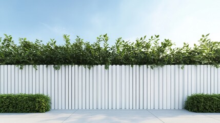 A contemporary fence design featuring vertical white slats and minimalist style, with a solid white background.