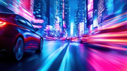 Fototapeta premium Vibrant City Night Scene with Moving Car and Neon Lights