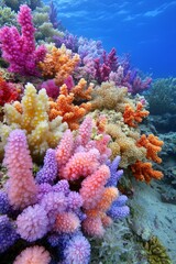 Obraz premium Stunning display of colorful soft corals in a vibrant underwater reef, showcasing marine biodiversity and natural beauty.