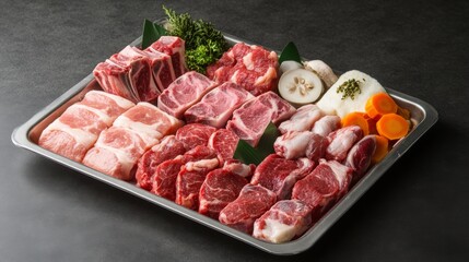 A platter of different types of raw meat cuts, such as lamb chops, beef steaks, and pork ribs, neatly arranged on a metal tray for cooking