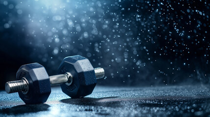 Glimmering dumbbell in a misty workout environment
