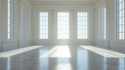 Obraz premium Sunlit Elegant Room, Marble Floor, Classic Architecture, Empty Space, Interior Design.