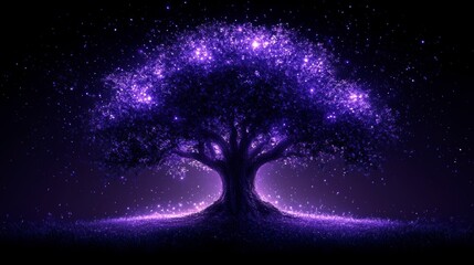 Glowing purple tree at night, magical fantasy scene.