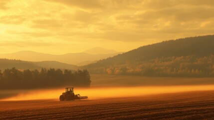 A farmer operating a seeding machine in a freshly tilled field, with layers of mist-covered hills and a golden sunrise lighting up the scene.