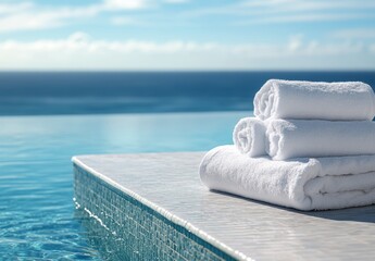 Fototapeta na wymiar Close up of white towels next to a swimming pool with blue water and sea view, vacation concept 