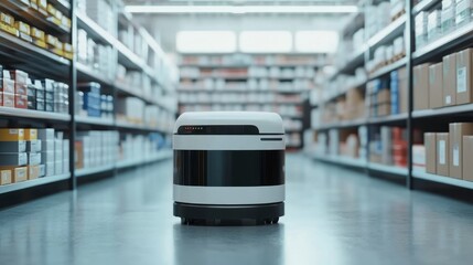 A delivery robot in a warehouse aisle surrounded by shelves of products.