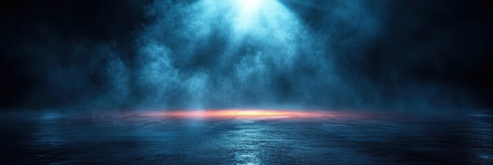 Fototapeta premium Ethereal Blue Light Over Wet Asphalt Reflecting a Dramatic Scene Captured in a Gloomy Atmosphere with a Mysterious Vibe