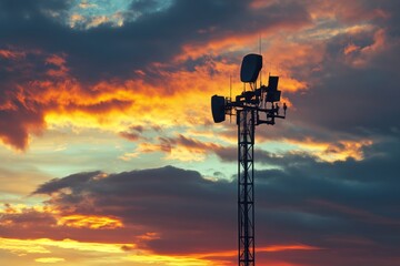 Obraz premium Sunset illuminates communication tower against vibrant sky in serene landscape