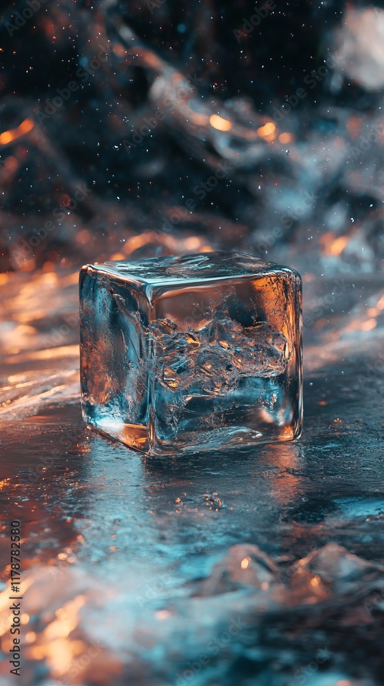 Poster a single crystal clear ice cube resting on a colorful abstract surface, featuring a glowing bokeh ef
