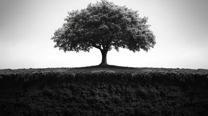 Solitary tree on a hill, roots exposed, black and white.