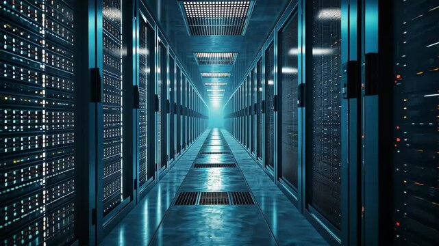 This video captures a long hallway filled with rows of servers, showcasing the technological infrastructure of a data center, Subtle, minimalistic portrayal of a data warehouse