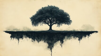 Solitary tree on a floating island, surreal digital art.