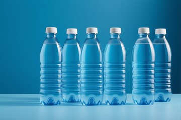 there are five bottles of water sitting on a table