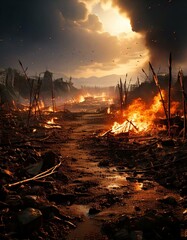 燃え盛る戦国時代の戦場