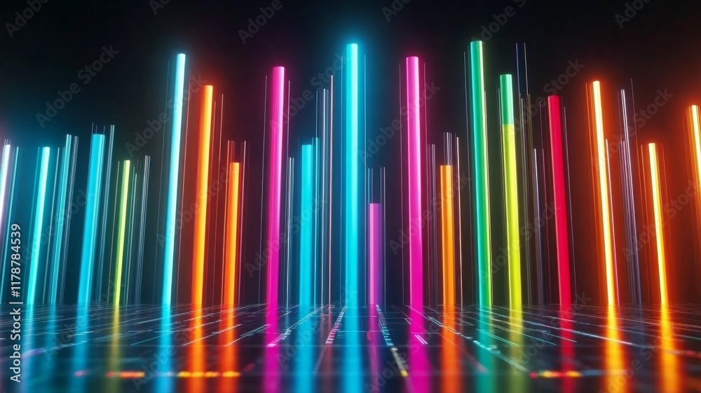 Poster a set of glossy d bars rising dramatically from a financial dashboard, with neon highlights and subt