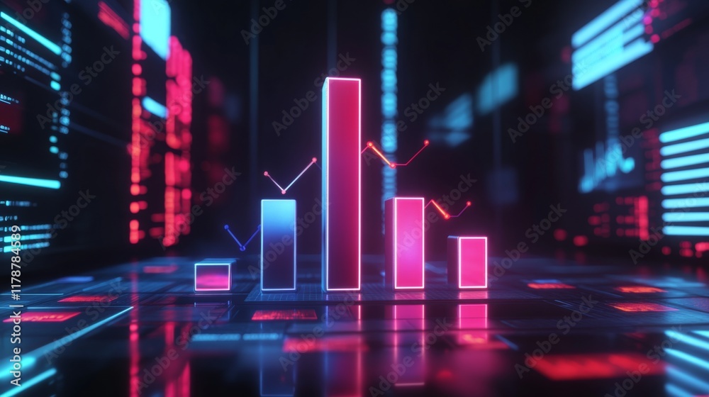 Poster a set of glossy d bars rising dramatically from a financial dashboard, with neon highlights and subt