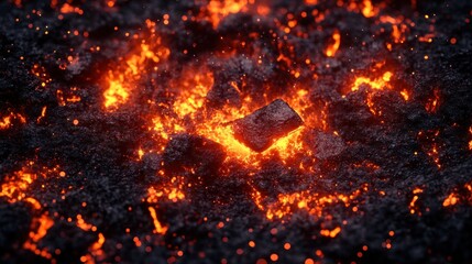 A close-up view of glowing lava with embers and rocks.