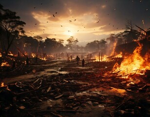 燃える戦国時代の合戦場