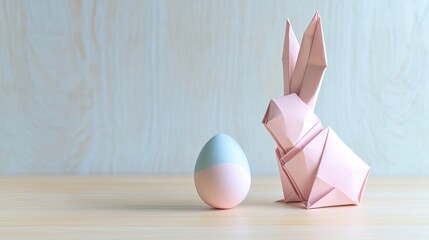 minimalist design featuring origami bunny and pastel egg on light wooden table
