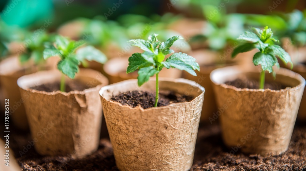 Poster a shot of young trees growing in biodegradable pots arranged neatly on the ground, ready for plantin