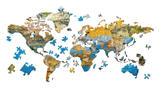 Abstract watercolor world map with splashes showcasing continents and countries across the globe