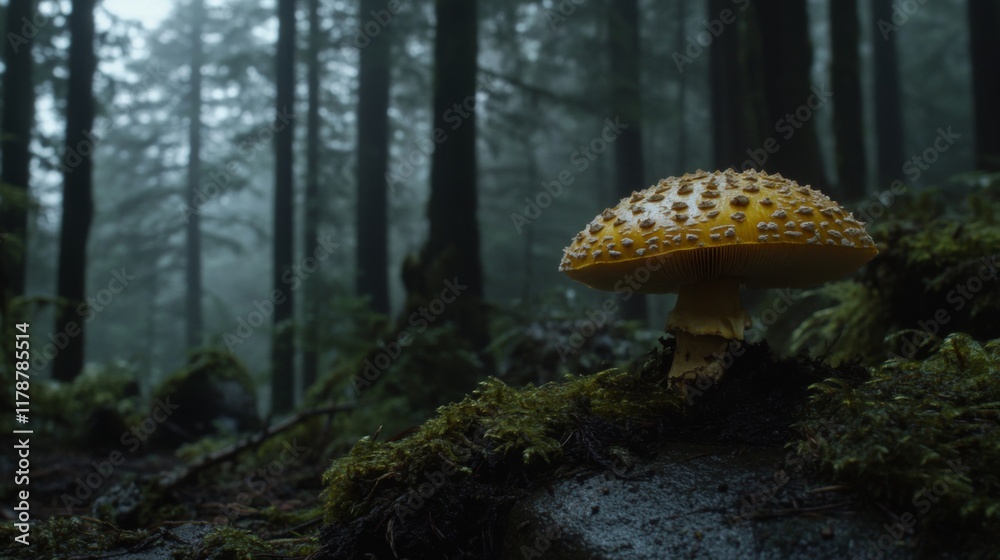 Aufkleber A single large mushroom with intricate patterns on its cap, adorned with droplets of water, placed on a mossy stone in a serene forest setting