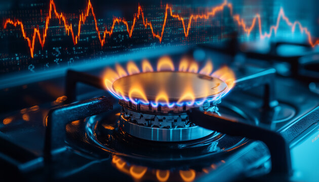gas burner with flames and price chart in background