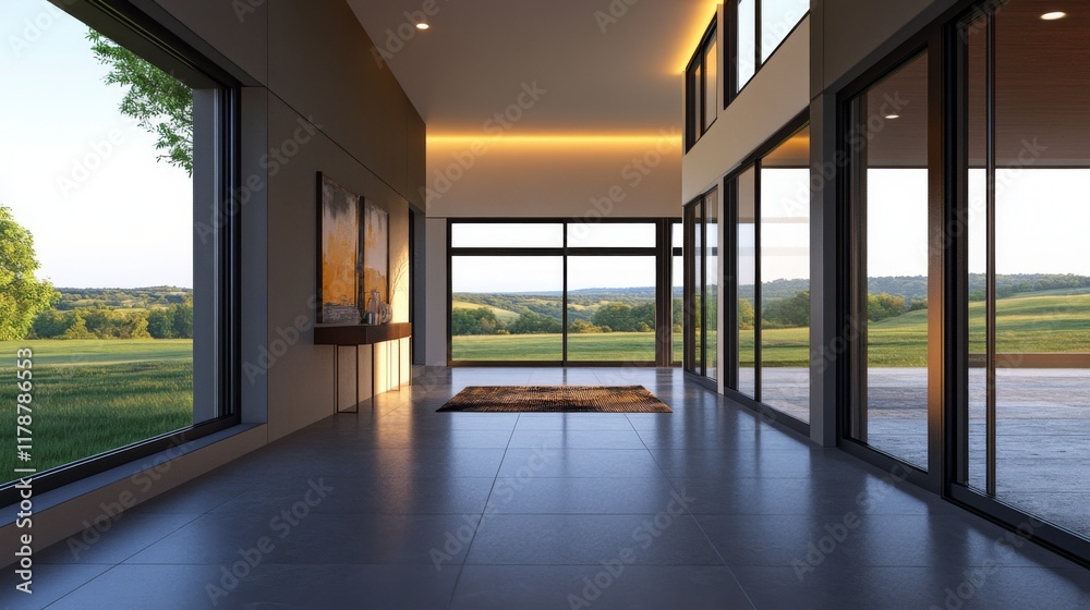 Poster a spacious modern hallway featuring sleek design elements, large windows allowing natural light to f