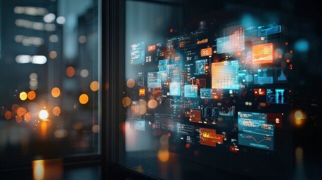 Smart warehouse control room overlooking operations modern urban setting digital interface display high-tech environment futuristic viewpoint for enhanced management efficiency - Powered by Adobe