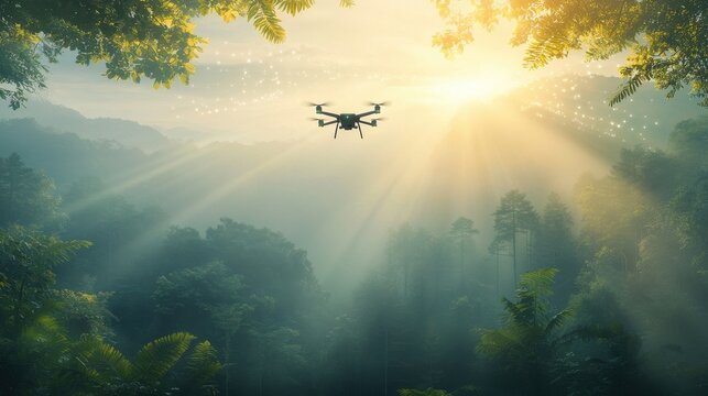 Ai-powered drone mapping forest data streams tropical environment aerial photography lush greenery innovative technology