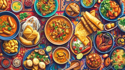 A stunning overhead view of a traditional Thai feast, featuring dishes like massaman curry, pad see ew, and larb, all beautifully presented on a vibrant tablecloth