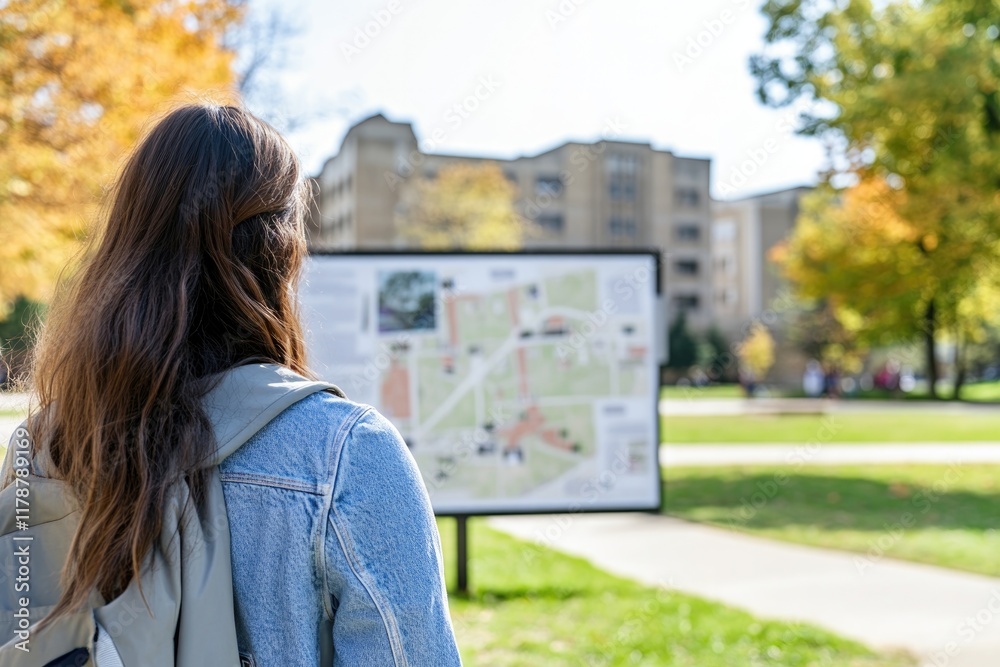 Poster student visiting university campus and looking at large map with buildings and trees blurred in back