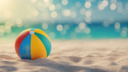Obraz premium Colorful beach ball resting on sandy beach under bright sunlight with blurred ocean and bokeh background creating a summery and playful vibe