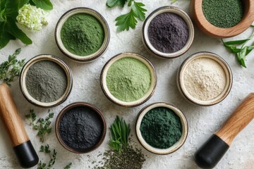 Exploring exotic superfood powders in a vibrant flat lay arrangement kitchen countertop food photography natural light health and wellness benefits