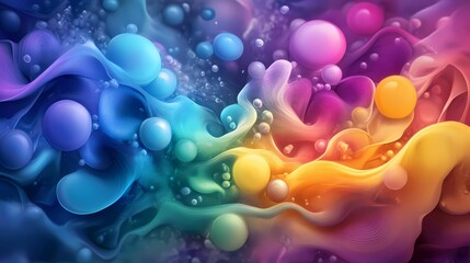 A vibrant, abstract composition featuring colorful swirls and bubbles, creating a visually captivating and dynamic effect.