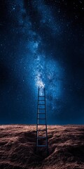 A stunning image of a ladder reaching into a vibrant cosmic galaxy. The night sky is filled with stars and wonder, inviting exploration and dreams.