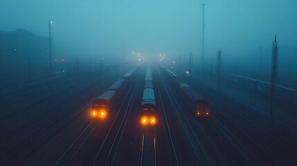 A rail yard during a foggy morning, with freight trains barely visible through the mist
