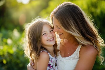 portrait of mother and daughter laughing together in garden setting with soft sunlight