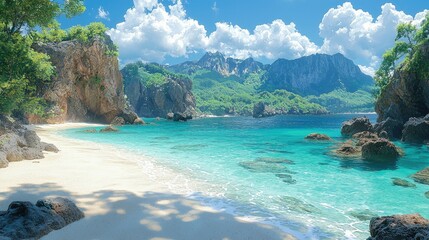 Fototapeta premium Hidden Tropical Beach Paradise: Serene Coastal Escape with Crystal-Clear Waters and Majestic Mountains