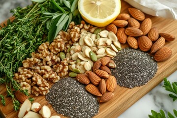 Naklejka premium Discover a selection of superfood nuts and seeds healthy snacking options kitchen food photography bright lighting close-up nutritional benefits