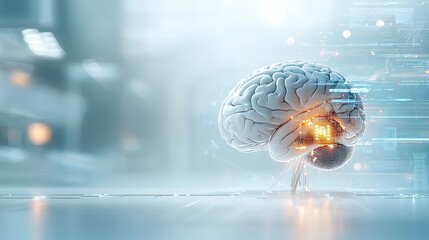 Merging human brain and ai chip into a glowing symbiotic entity futuristic laboratory digital art high-tech environment conceptual viewpoint