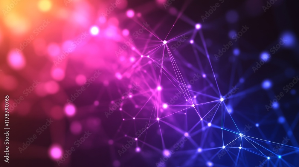 Poster A vibrant D stock market graph with interconnected nodes and lines showing a steep upward trend, set against a high-tech, glowing background