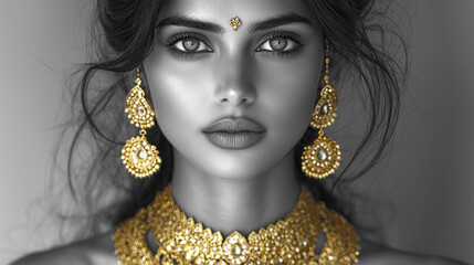 A stunning black-and-white portrait of an Indian woman with serene, wise eyes, adorned in intricate gold jewelry including earrings, a necklace, and bangles