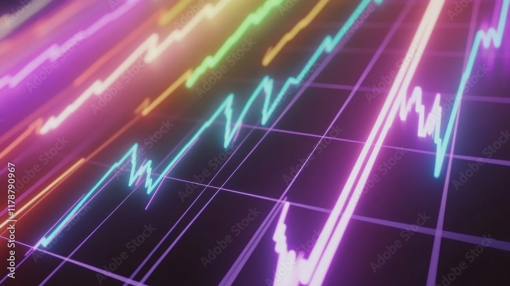 Poster A vibrant D stock market graph with interconnected nodes and lines showing a steep upward trend, set against a high-tech, glowing background