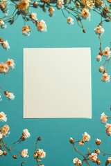 Fototapeta premium blank card lying flat on reflective turquoise surface surrounded by small floral patterns