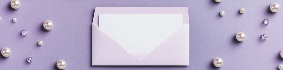 blank card placed inside open envelope on smooth lavender surface surrounded by pearl accents